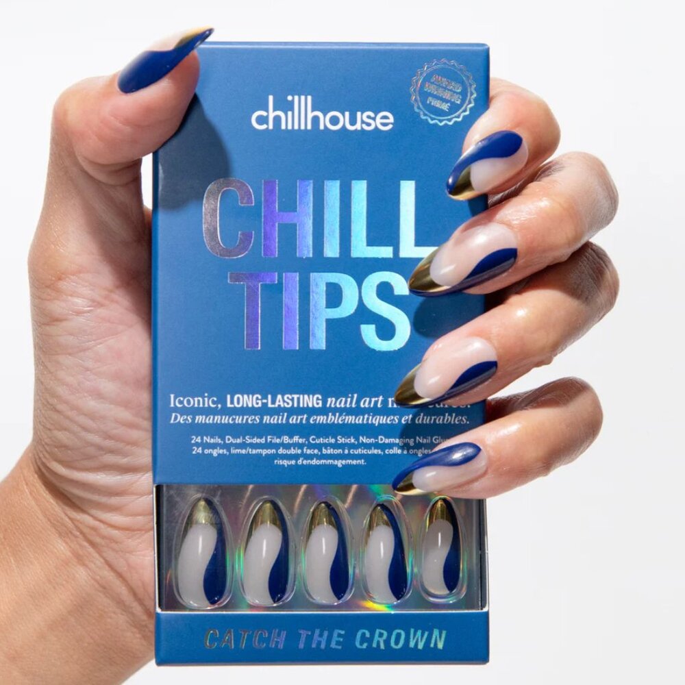 Chillhouse Chill Tips Press-On Nails  Catch The Crown Long Almond Navy Gold New